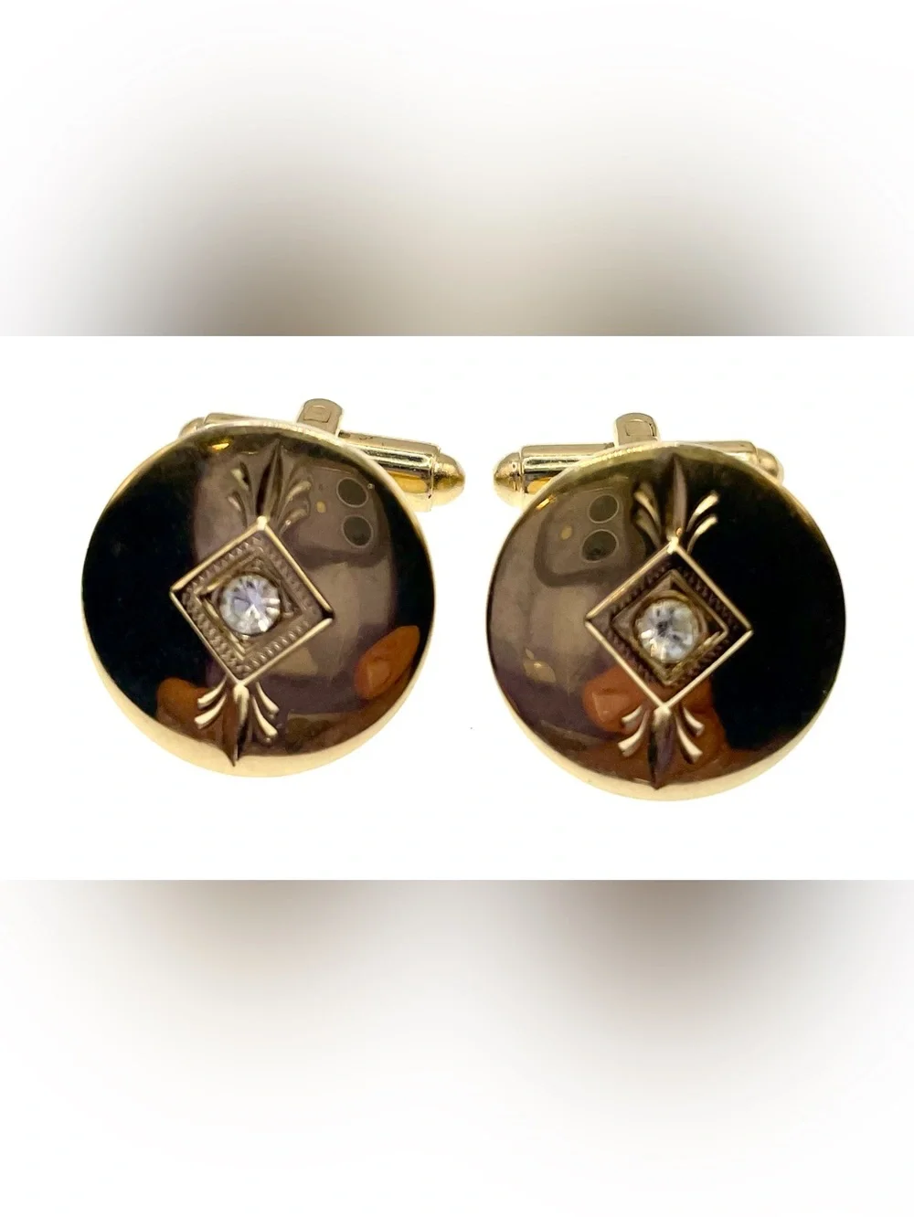 Vintage Mid Century Gold Tone Geometric Rhinestone Cufflinks 1960s Retro Style
